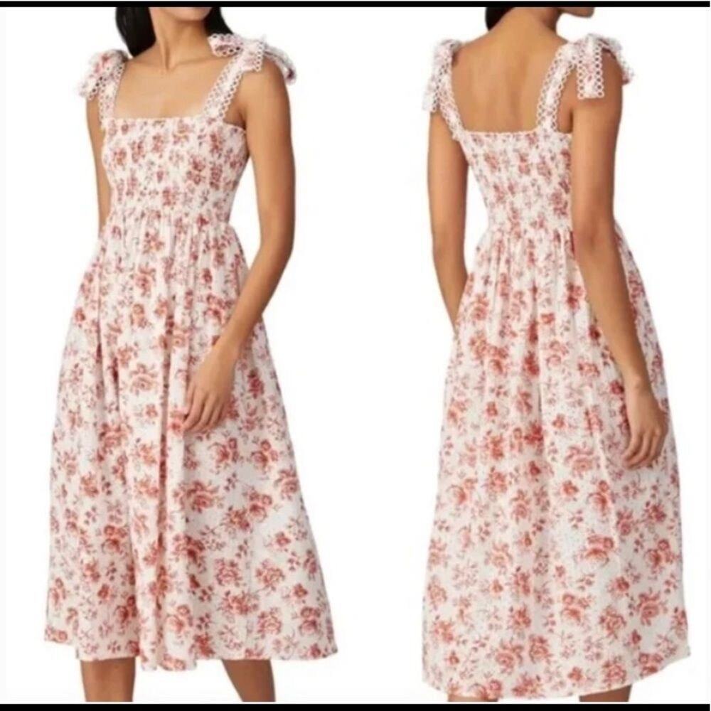 Maia Bergman Simone Floral Eyelet Tie Sleeve Dress XS Romantic Coquette Coastal